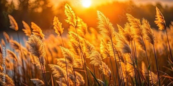 Fototapeta Reeds swaying in the golden rays of the setting sun, creating a beautiful sunset background, reeds, sunset, nature, landscape