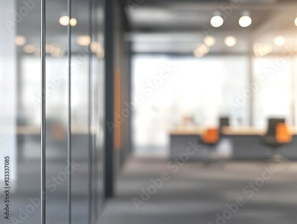 Fototapeta Beautiful blurred background of a modern office interior in gray tones with panoramic windows. Generative ai