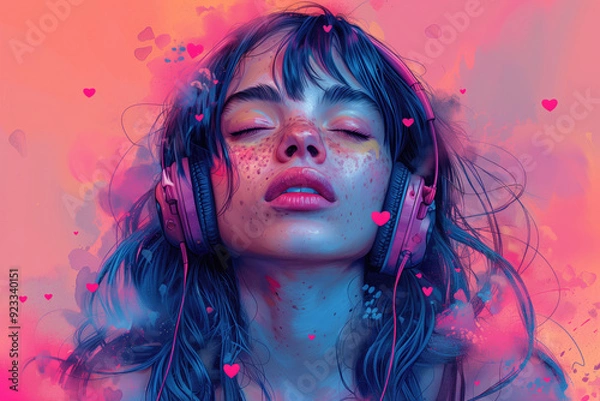 Fototapeta Woman with closed eyes wearing headphones surrounded by colorful heart motifs. Concepts of music enjoyment, relaxation, and emotional connection.