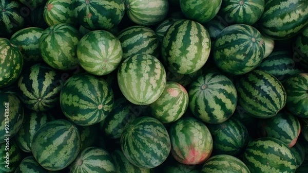 Fototapeta An abundance of watermelons in various shades of green fills the frame, creating a lush and refreshing scene.
