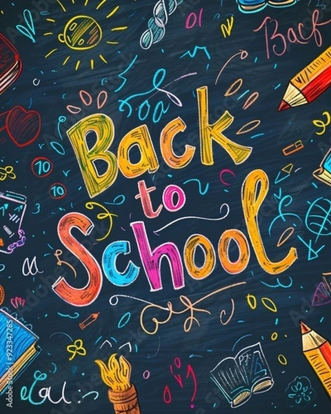 Fototapeta colorful text back to school on chalkboard