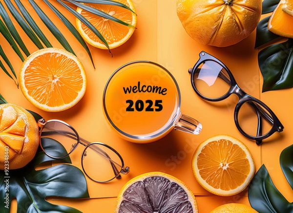 Fototapeta Happy New Year 2025 written on surface of orange juice in cup. Top view of Christmas image. 