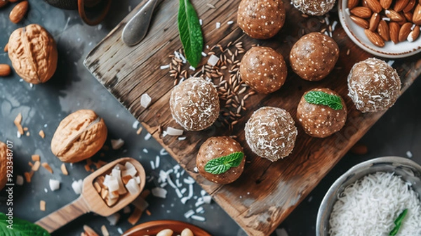 Fototapeta an energy ball made with dates, almond butter, and coconut flakes, placed on a wooden board with additional ingredients artfully arranged around it