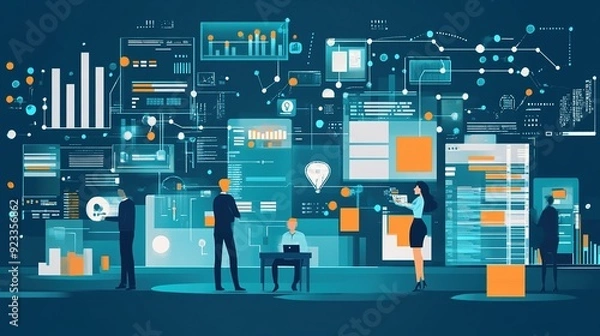 Obraz Big Data Ecosystem Integration, Illustrate big data ecosystem integration with an image showing data engineers integrating various data sources, such as databases, streams, and APIs, AI