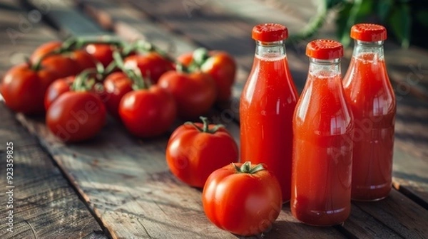 Fototapeta Bottles of fresh tomato juice and ripe tomatoes are arranged on a wooden surface, capturing the essence of freshness and natural nutrition.