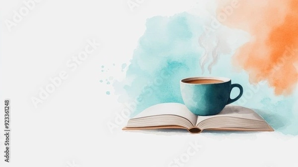 Fototapeta Peaceful and Cozy Watercolor of an Open Book with a Steaming Cup of Coffee Evoking a Relaxing Reading Moment or Study Session in a Minimalist Isolated Setting