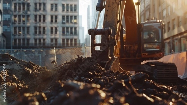 Fototapeta A construction site in the city, backlit by the sun, featuring an excavator working amidst rubble and mud, with tall buildings looming in the background.