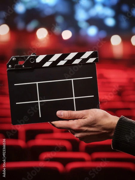 Fototapeta A hand holding a movie clapperboard in a theater