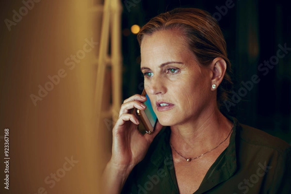 Fototapeta Phone call, communication and businesswoman in office at night for client financial investment growth. Contact, tech and female executive account manager with technical assistance for stock market.