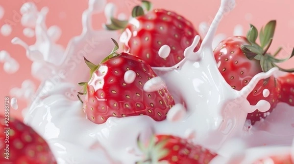 Fototapeta Juicy strawberries splashing into white cream, creating an exciting blend of red and white against a soft pink background.