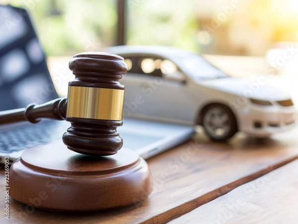 Fototapeta A judge's gavel sits on a wooden surface next to a laptop and a toy car