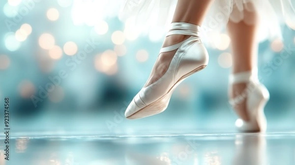 Fototapeta Close-up of a ballet dancer’s feet in pointe shoes, depicting the delicate strength and poise required in ballet, against a softly lit, defocused background.