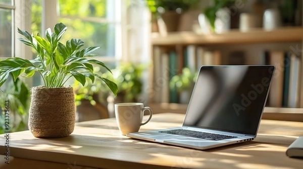 Fototapeta Bright Home Office with Laptop, Coffee, and Vibrant Green Plant on Wooden Desk Surrounded by Natural Light for a Refreshing and Productive Workspace