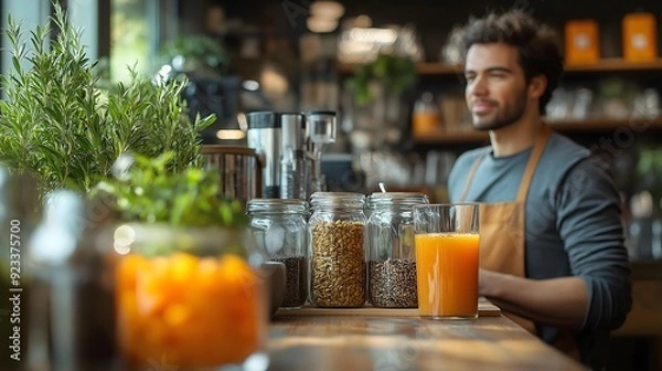 Obraz Modern Office Environment Featuring a Caffeine-Free Nootropic Tea or Smoothie, Highlighting Creative Work in the Background with a Clean, Stylish Setup and Abundant Natural Light