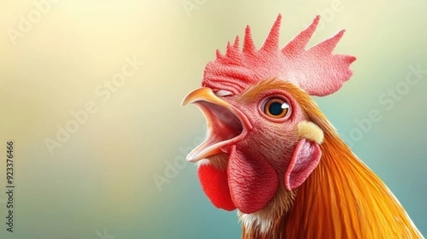 Fototapeta An illustrated representation of a rooster in mid-crow with a vibrant background. The colorful and energetic illustration captures the dynamic nature and spirited essence of the animal.