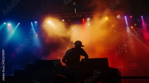 Obraz A DJ, shadowed in front of bright, colorful lights, commands the stage at an electrifying concert.