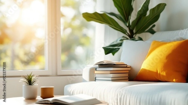 Obraz A well-lit and cozy living space featuring a white sofa adorned with an orange pillow, a stack of books, a small potted plant, and a large leafy plant beside a window.