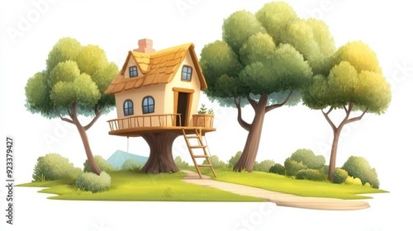 Fototapeta A quaint treehouse perched in the middle of a lush green forest, featuring a wooden ladder leading up to a small welcoming balcony surrounded by nature.