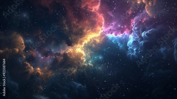 Fototapeta Vivid cosmic nebula in deep space, showcasing vibrant colors and distant stars against a dark, starry backdrop