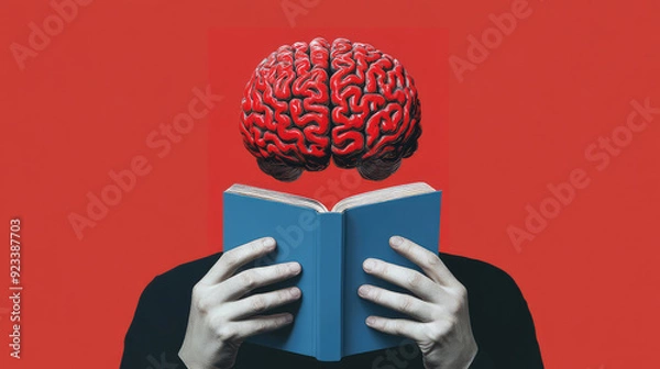 Fototapeta A surreal image of a brain engrossed in reading a book, emphasizing the powerful connection between knowledge acquisition and cognitive stimulation against a bold red background.