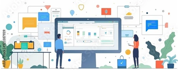 Fototapeta Multi-channel marketing, integrating efforts across platforms, flat design illustration