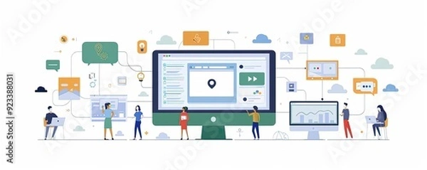 Fototapeta Multi-channel marketing, integrating efforts across platforms, flat design illustration