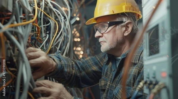 Fototapeta A focused elderly man in a hard hat and safety glasses works intricately on a complex network of cables and wires in an industrial setting.
