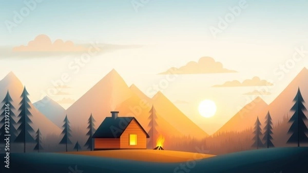 Fototapeta This illustration features a cozy cabin with a lighted interior and a campfire outside, set against a backdrop of mountains at sunset with a serene atmosphere.