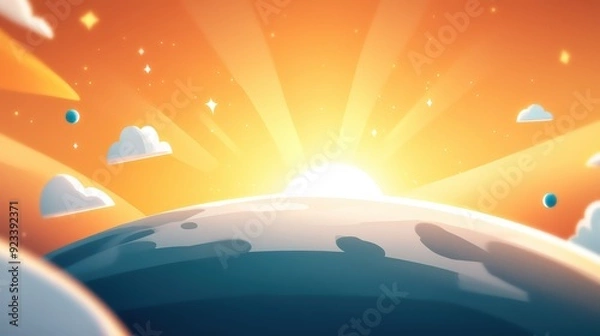 Fototapeta A charming, animated illustration of the sunrise over Earth, depicted with clouds and sparkles, evoking a sense of wonder and imagination, perfect for creative visual projects.