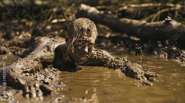 Fototapeta A person fully covered in thick mud, crawling through a muddy swamp, intensely focused and determined amidst the murky water.