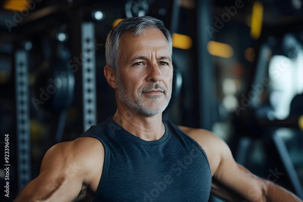 Fototapeta Senior man with grey hair working out in a gym