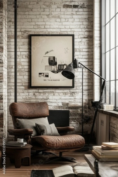 Fototapeta Poster mockup, interior design of a vintage style hipster loft.