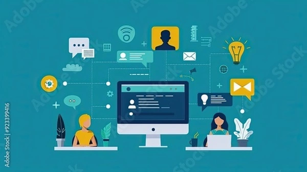 Fototapeta CRM software, customer relationship management, flat design illustration