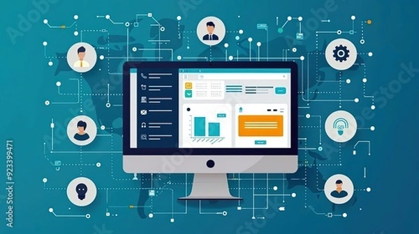 Fototapeta CRM software, customer relationship management, flat design illustration