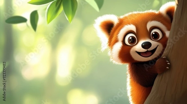 Fototapeta A charming image showing a red panda peeking out from behind a tree trunk with a curious and endearing expression, set against a lush green, sun-dappled background.