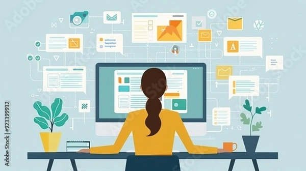 Fototapeta Content management system, organizing and publishing content, flat design illustration