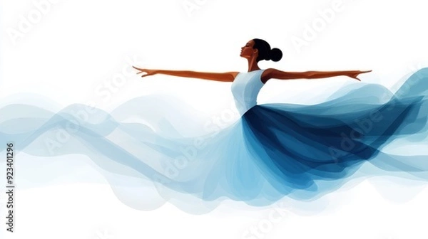 Fototapeta An ethereal illustration of a ballet dancer gliding gracefully, with a flowing dress accentuated by shades of white to deep blue, capturing elegance and poise in motion.