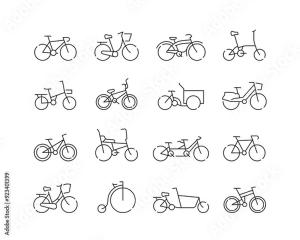 Fototapeta Bikes and Bicycles Icon collection containing 16 editable stroke icons. Perfect for logos, stats and infographics. Edit the thickness of the line in Adobe Illustrator (or any vector capable app).