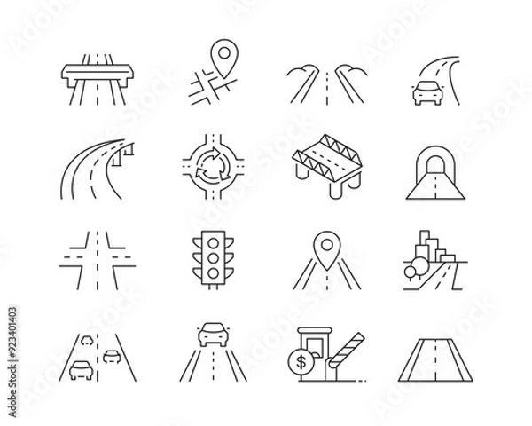 Fototapeta Roads and Highways Icon collection containing 16 editable stroke icons. Perfect for logos, stats and infographics. Edit the thickness of the line in Adobe Illustrator (or any vector capable app).