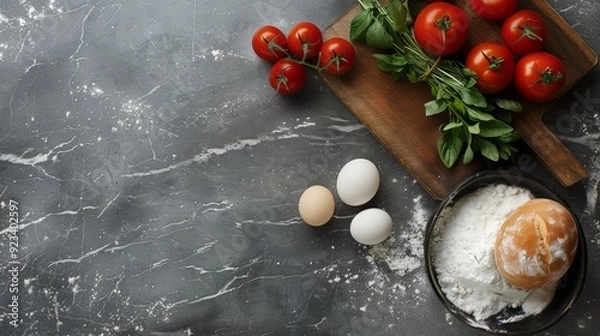 Fototapeta Baking ingredients with tomatoes and basil on a rustic table