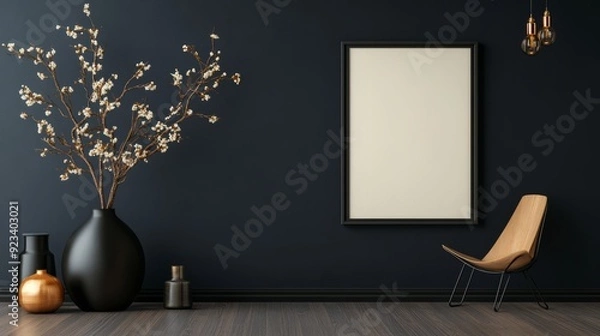Fototapeta A mockup of a vertical blank frame on the wall of a contemporary living room. Background of a home's interior.
