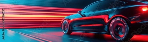 Fototapeta A sleek black car in motion, illuminated by vibrant neon lights. Perfect for showcasing speed, technology, and modern design.