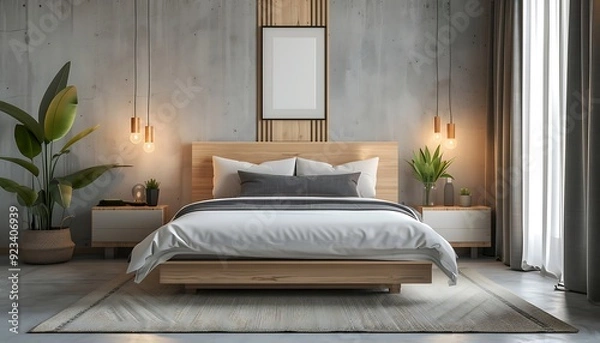 Fototapeta Interior of a modern bedroom with wooden wall