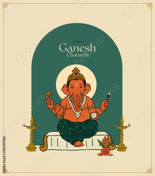 Fototapeta Ganesh Chaturthi Calligraphy with Ganesha Vector illustration, minimal invitation card, social media post design template 