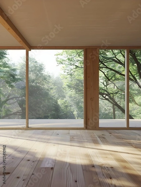 Fototapeta Room with large windows, empty room with minimalist model, room with wooden design, room, large windows, minimalism
