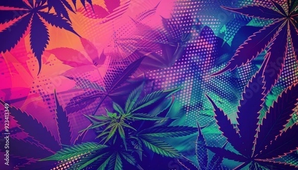 Obraz Colorful abstract background featuring cannabis leaves in vibrant tones of purple and green