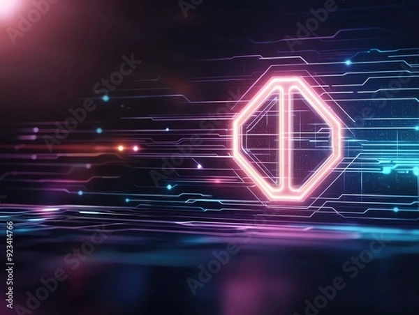 Fototapeta Vibrant neon hexagon design with digital circuit background, ideal for technology and gaming themes.