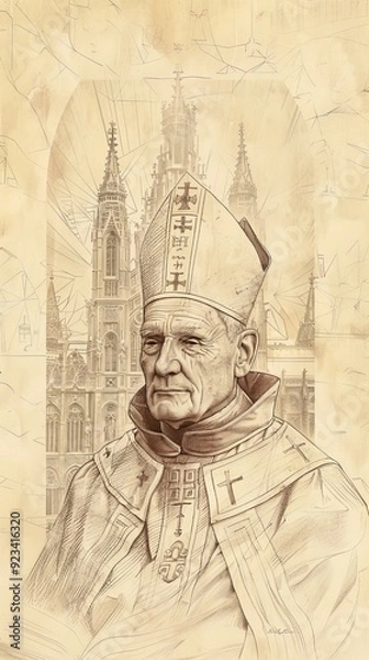 Fototapeta The painting of St. Hugh of Lincoln in Bishop's Robes, 12th-Century English Cathedral, Biblical Illustration, Beige Background, Copyspace