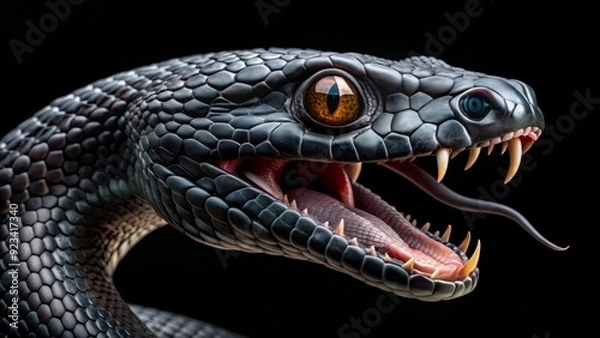 Obraz Menacing black snake head with open jaws and piercing eyes stares intensely, its scaly body coiled and ready to strike, isolated on a dark background.