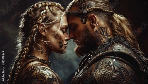 Obraz Viking couple in traditional attire share an intimate moment surrounded by dramatic lighting